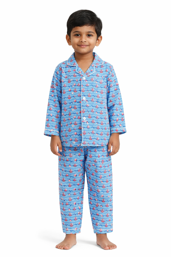 Ship & Sea Print Long Sleeve Kids Night Suit