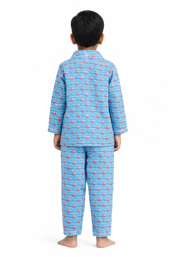 Ship & Sea Print Long Sleeve Kids Night Suit