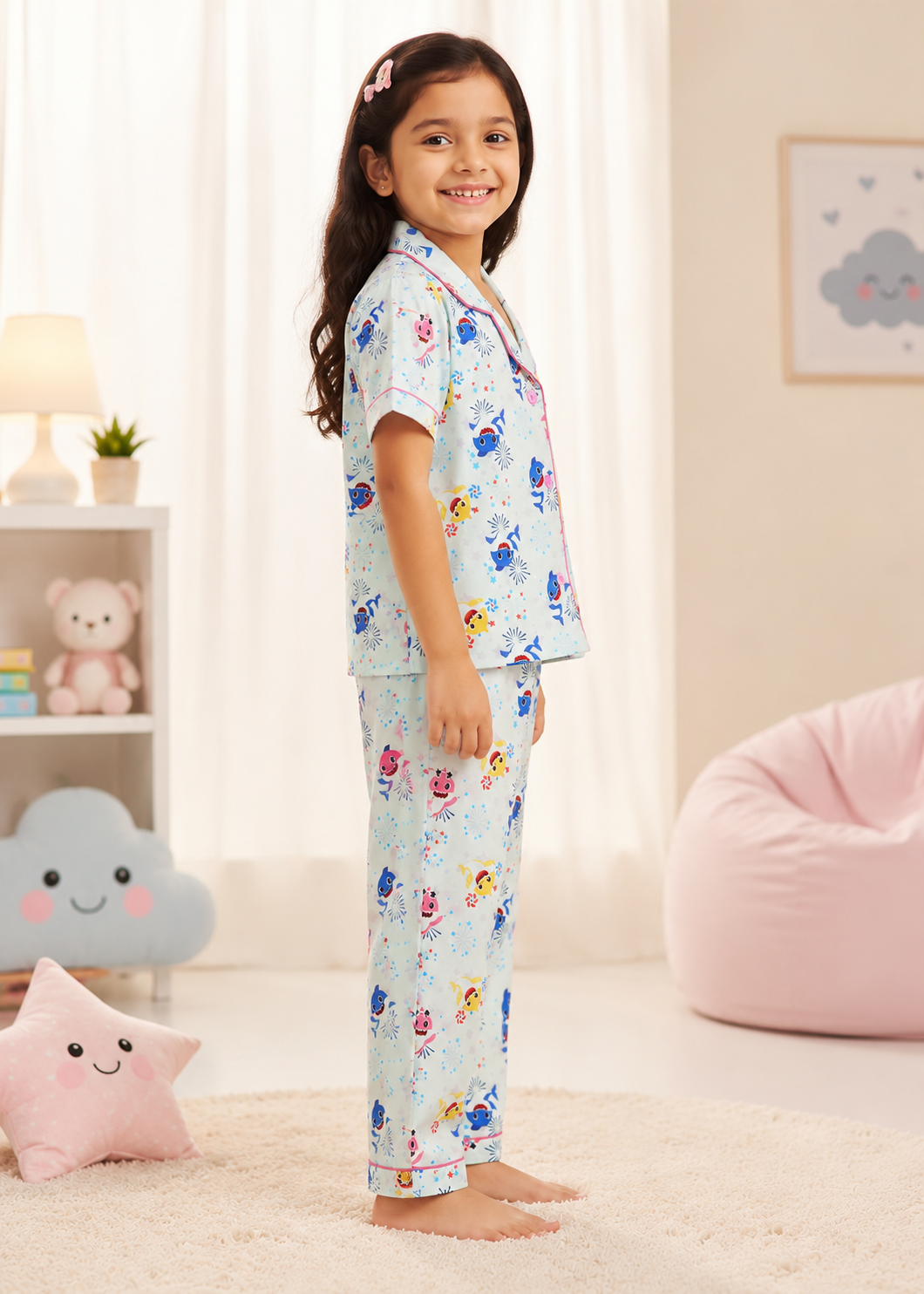Stars and Sharks Forever Print Short Sleeve Kids Night Suit