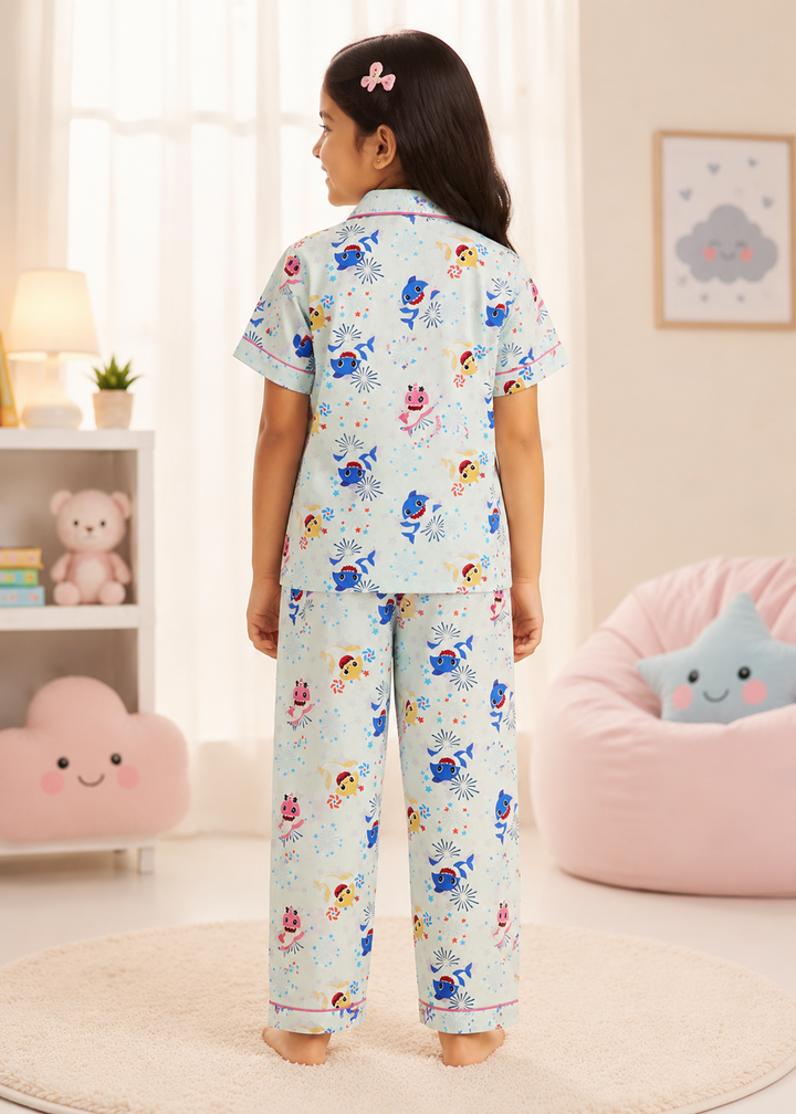 Stars and Sharks Forever Print Short Sleeve Kids Night Suit