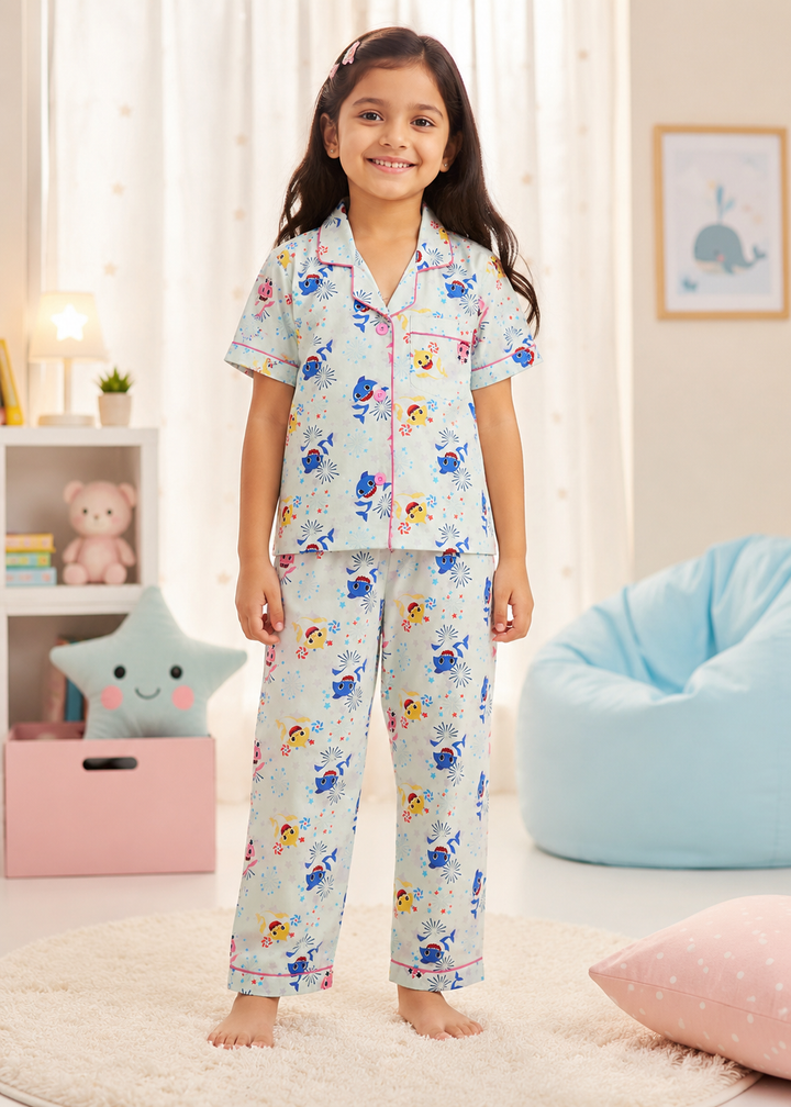 Stars and Sharks Forever Print Short Sleeve Kids Night Suit