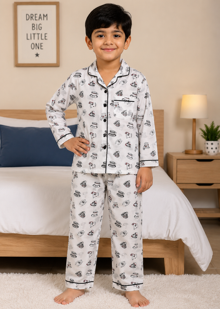 Coffee Cup Print Long Sleeve Kids Night Suit