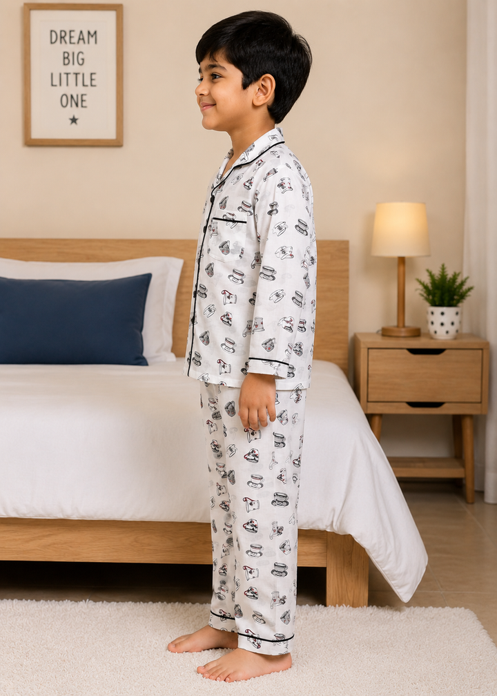 Coffee Cup Print Long Sleeve Kids Night Suit
