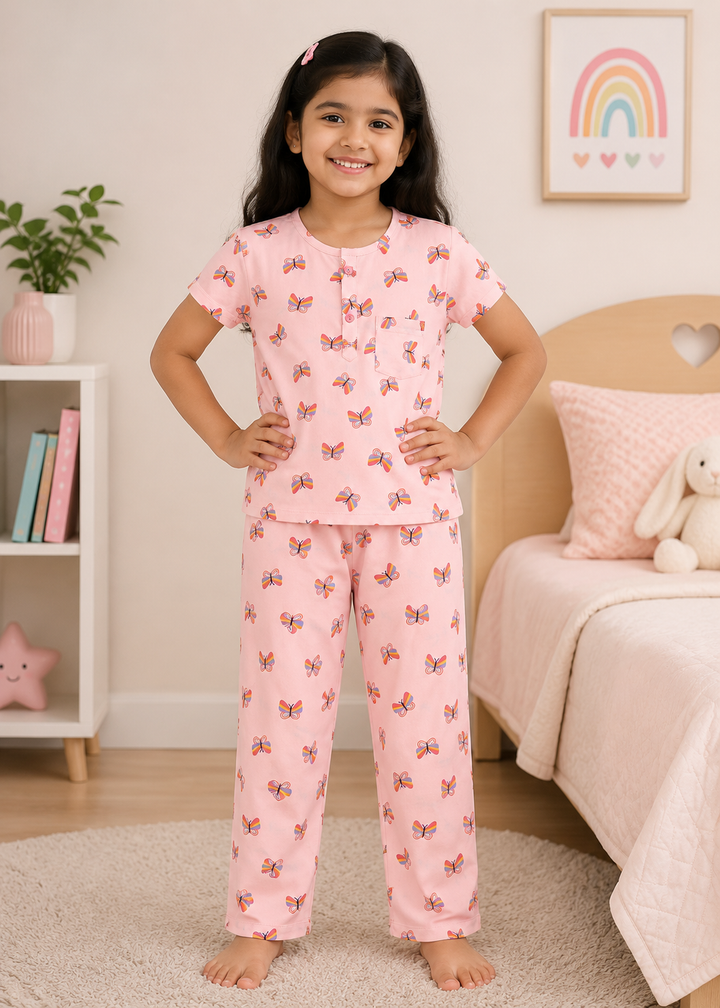 Butterfly Print Short Sleeve Kids Night Suit