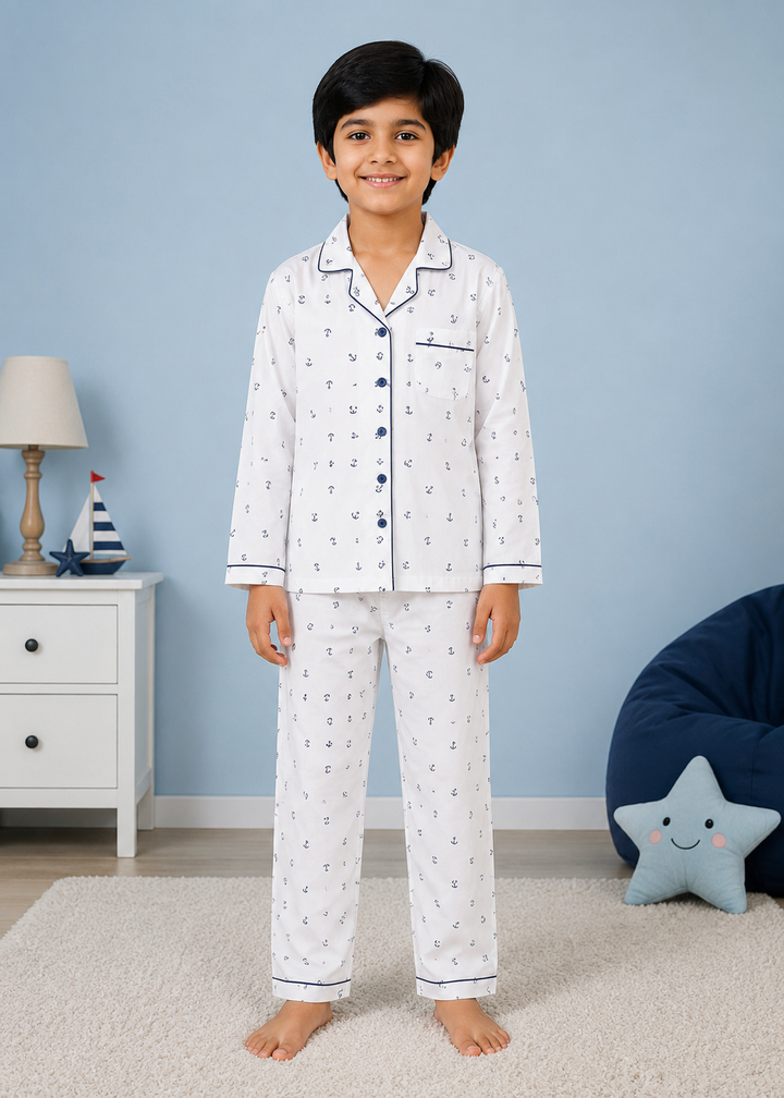 Anchor Print Long Sleeve Kids Night Suit