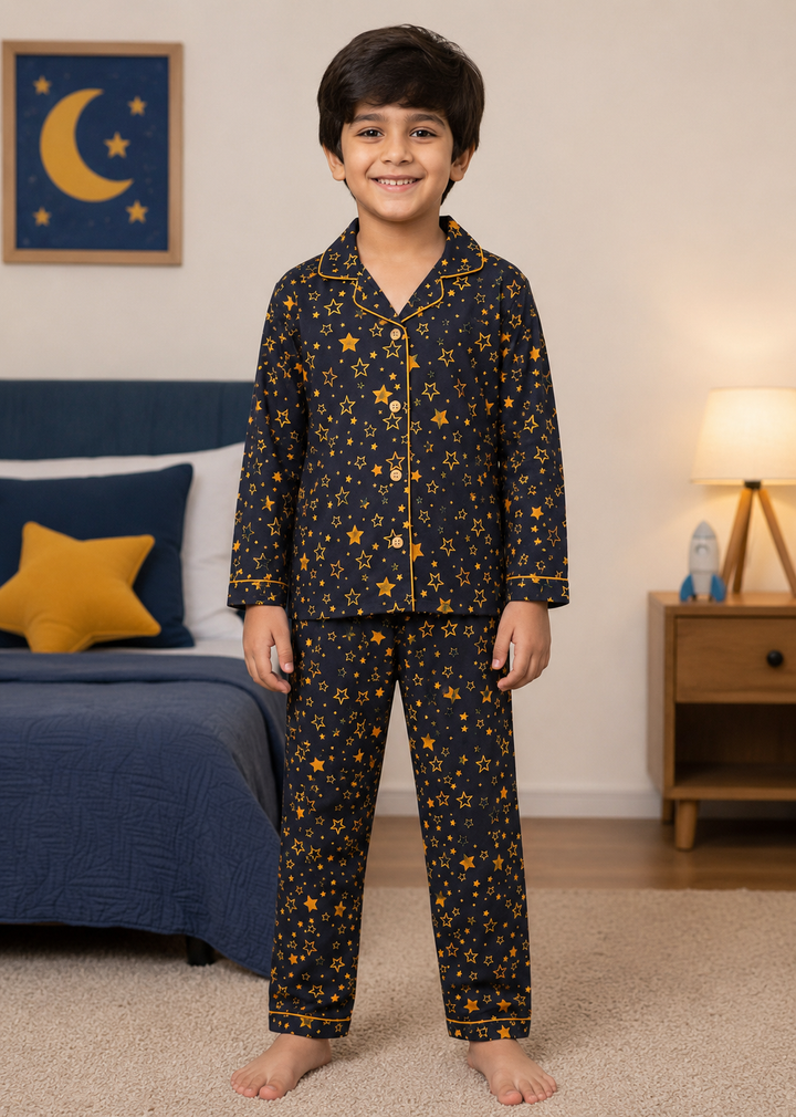 Blue Stars Print Long Sleeve Kids Night Suit