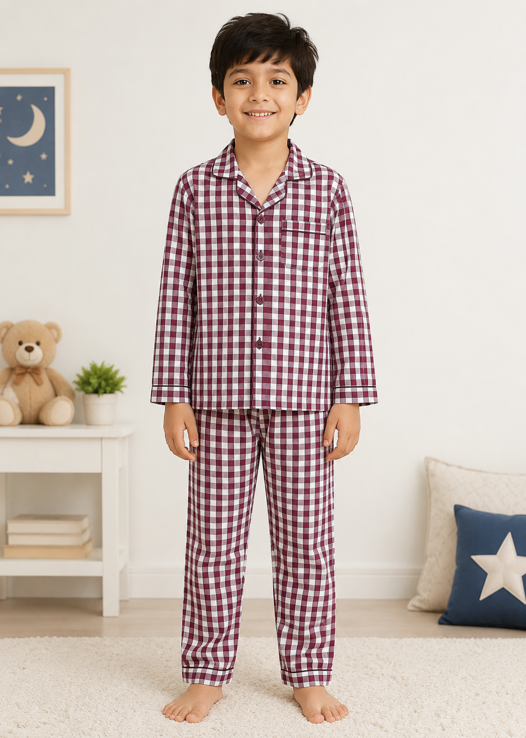 Maroon Cozy Plaid Long Sleeve Kids Night Suit
