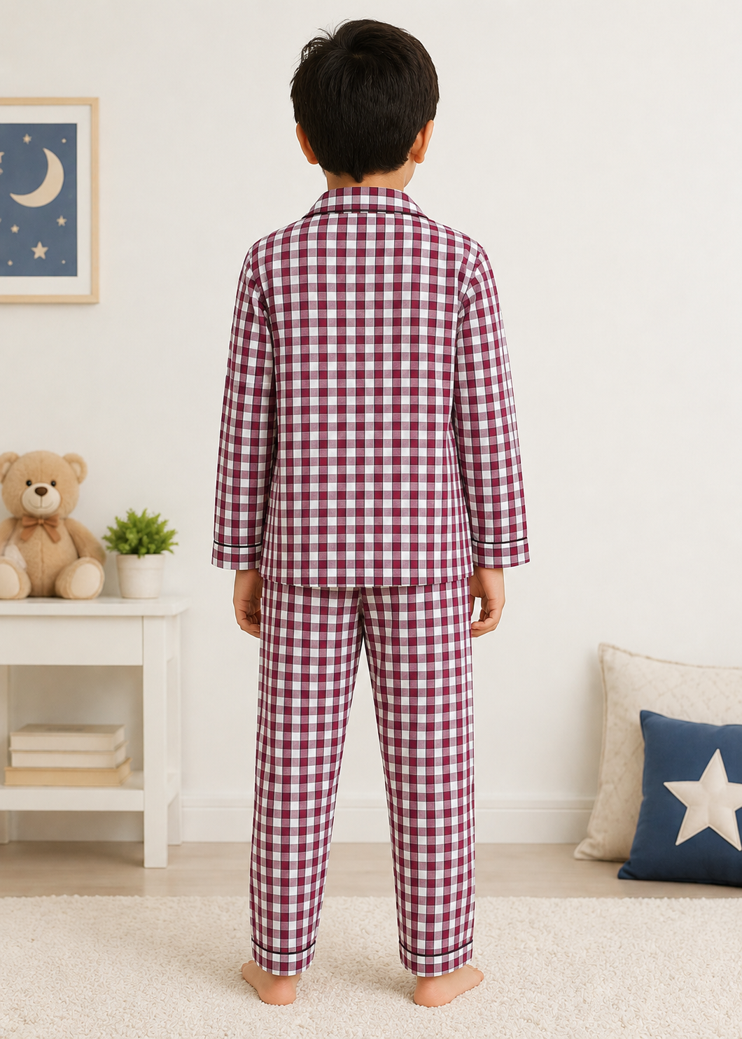 Maroon Cozy Plaid Long Sleeve Kids Night Suit