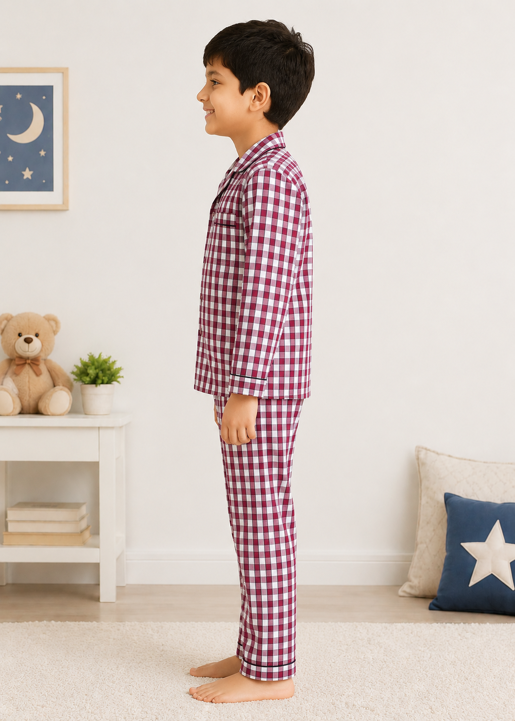 Maroon Cozy Plaid Long Sleeve Kids Night Suit