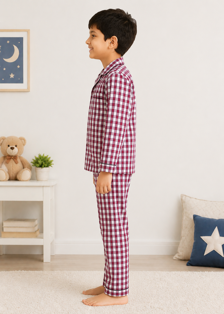 Maroon Cozy Plaid Long Sleeve Kids Night Suit