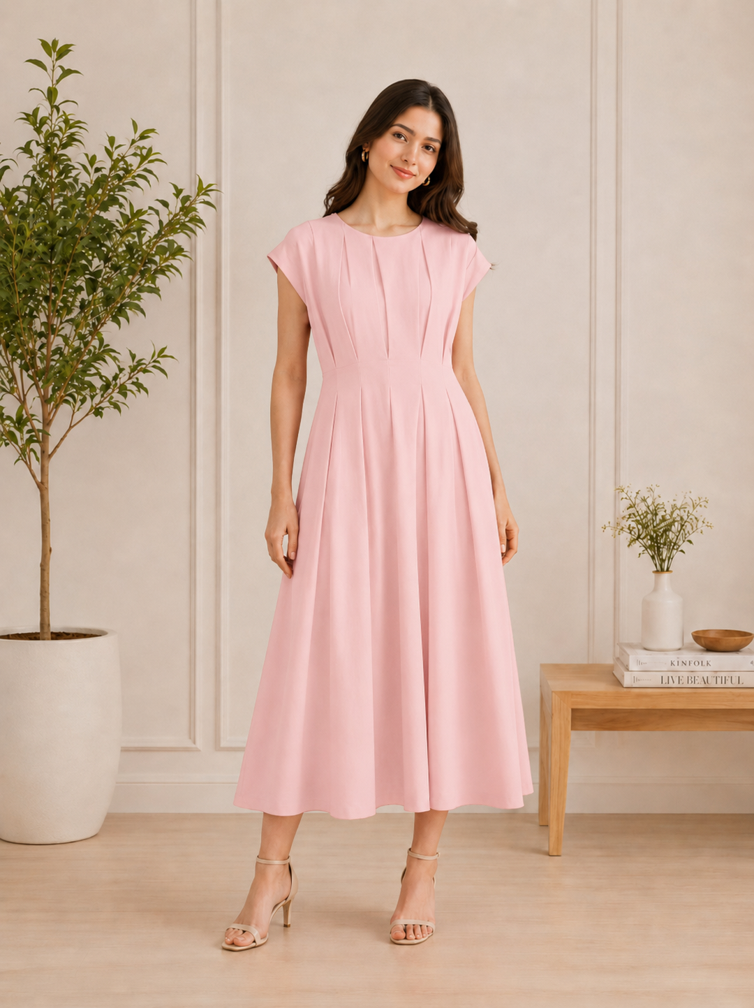 Women's Pleated Fit & Flare Midi Dress.