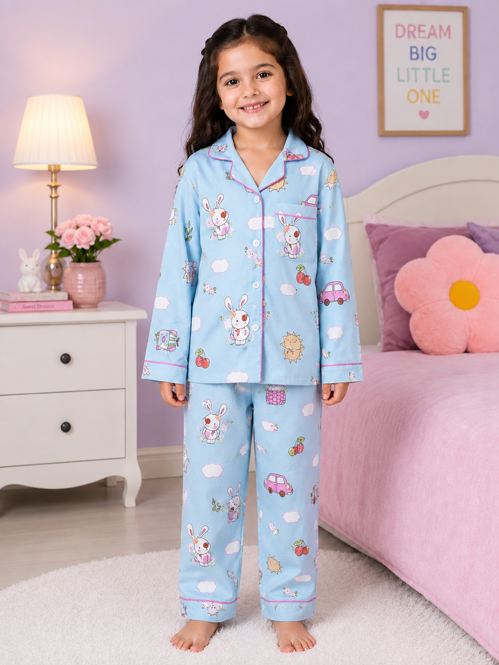 Sweet Bunny Wheels Print  Long Sleeve Night Suit