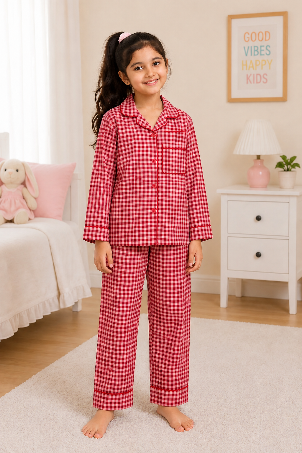 Rosy Gingham Print  Long Sleeve Kids  Night Suit