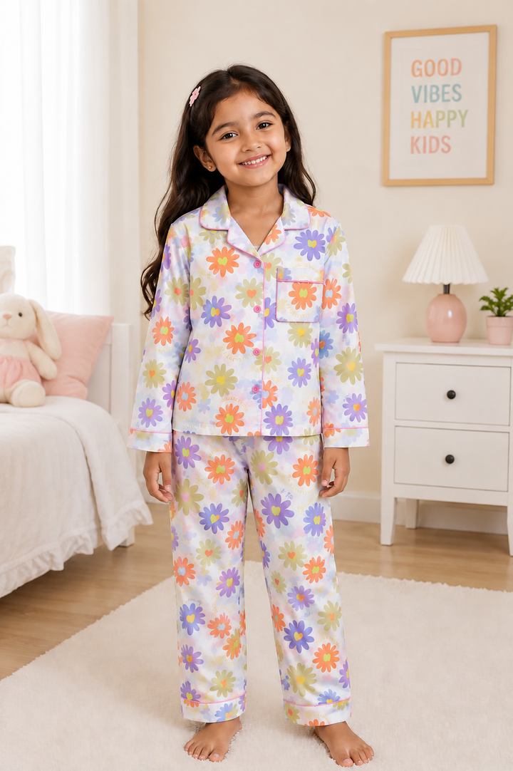 Happy Blooms Print  Long Sleeve Kids Night Suit