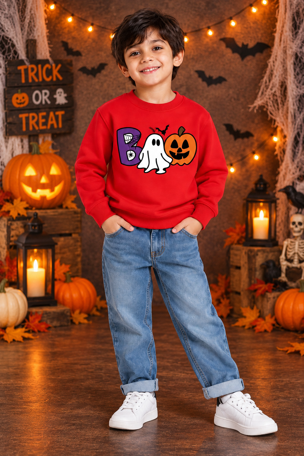 Boo Ghost & Pumpkin Printed Full Sleeve Sweatshirt