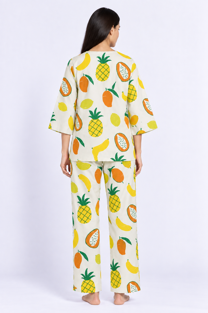 Tropical Fruit Fiesta V-Neck 3/4th Sleeve Women's Night Suit