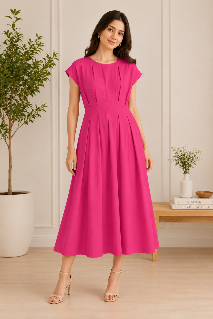 Women's Pleated Fit & Flare Midi Dress.