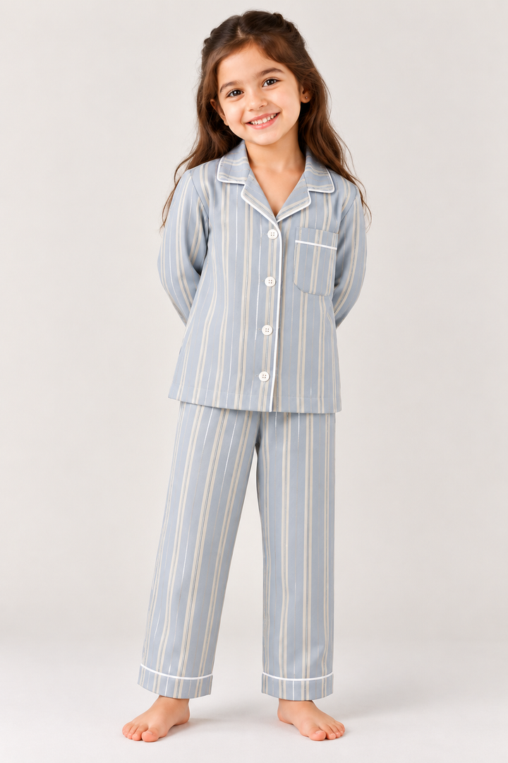 Blue Whisper Striped Cotton Flannel Long Sleeve Kids Night Suit