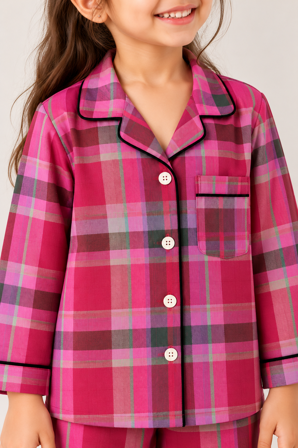 Midnight Magenta Plaid Cotton Flannel Long Sleeve Kids Night Suit