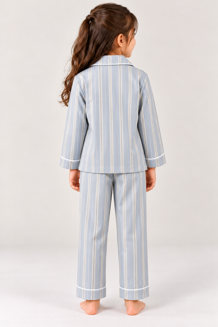 Blue Whisper Striped Cotton Flannel Long Sleeve Kids Night Suit