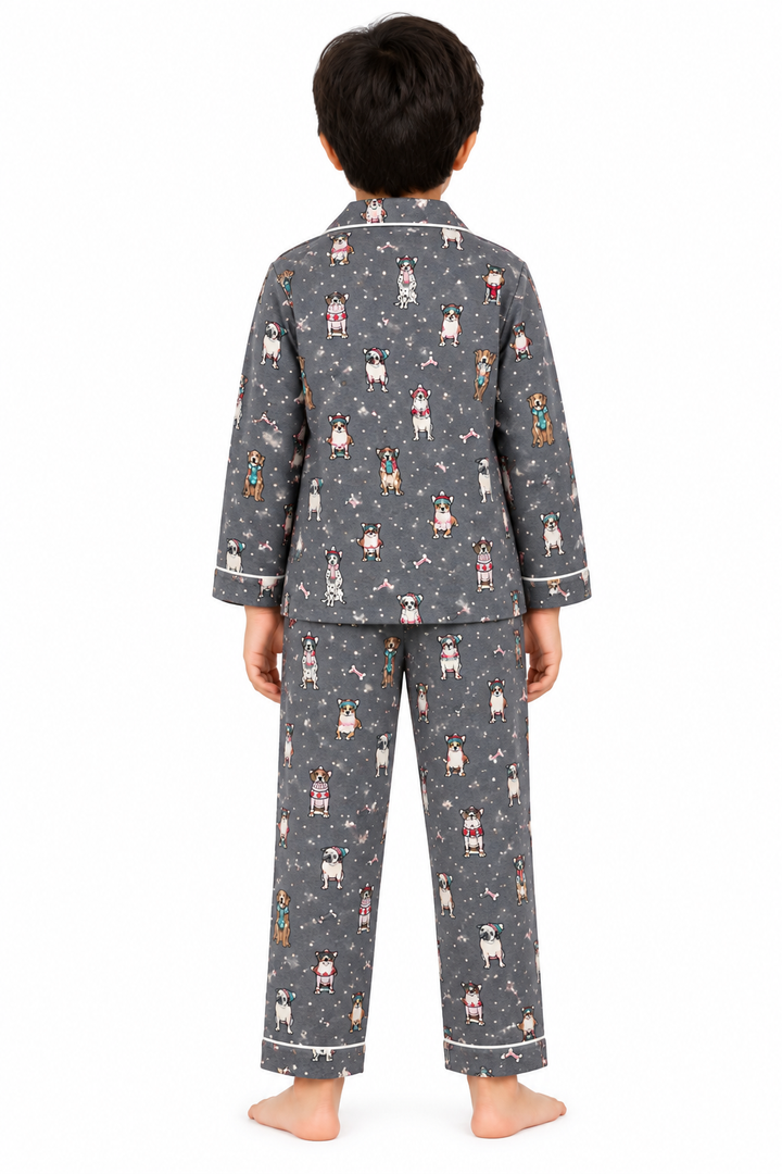 Cozy Paws Grey Dog Cotton Flannel Long Sleeve Kids Night Suit