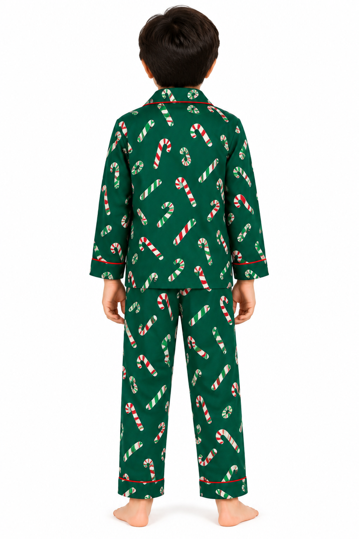 Festive Candy Cane Cotton Flannel Long Sleeve Kids Night Suit