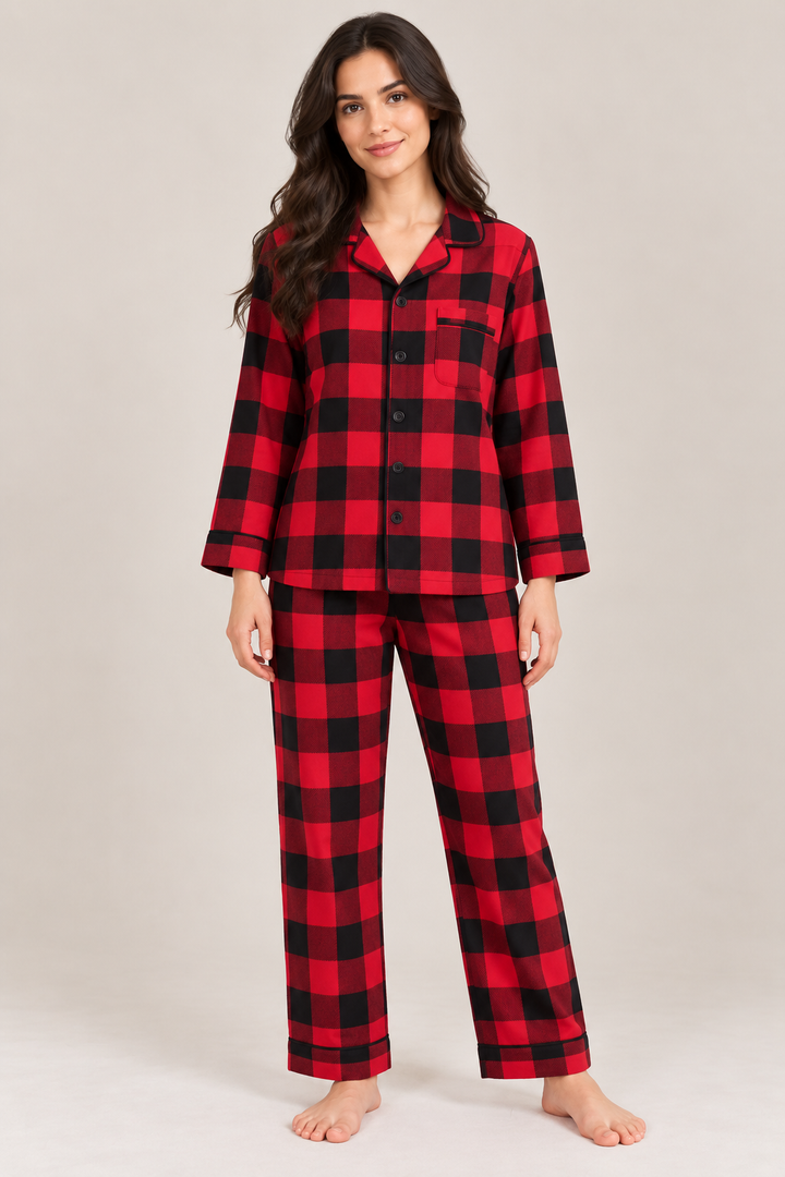 Red & Black Cotton Flannel Long Sleeve Women's Night Suit