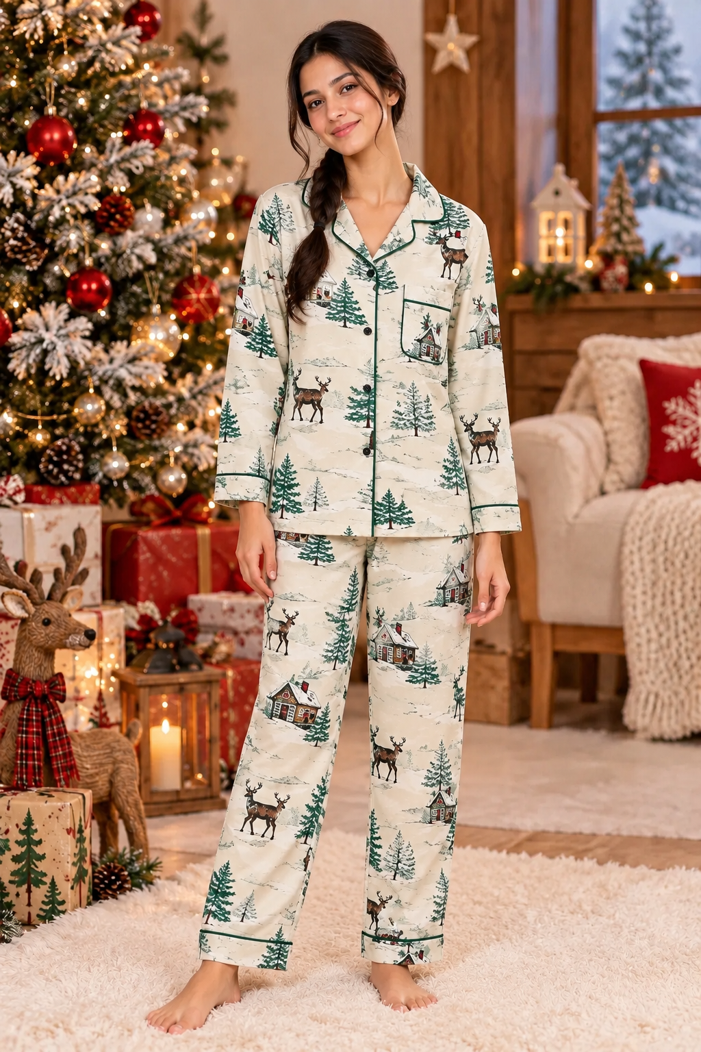 Christmas Evergreen  Cotton Flannel Long Sleeve Women's Night Suit