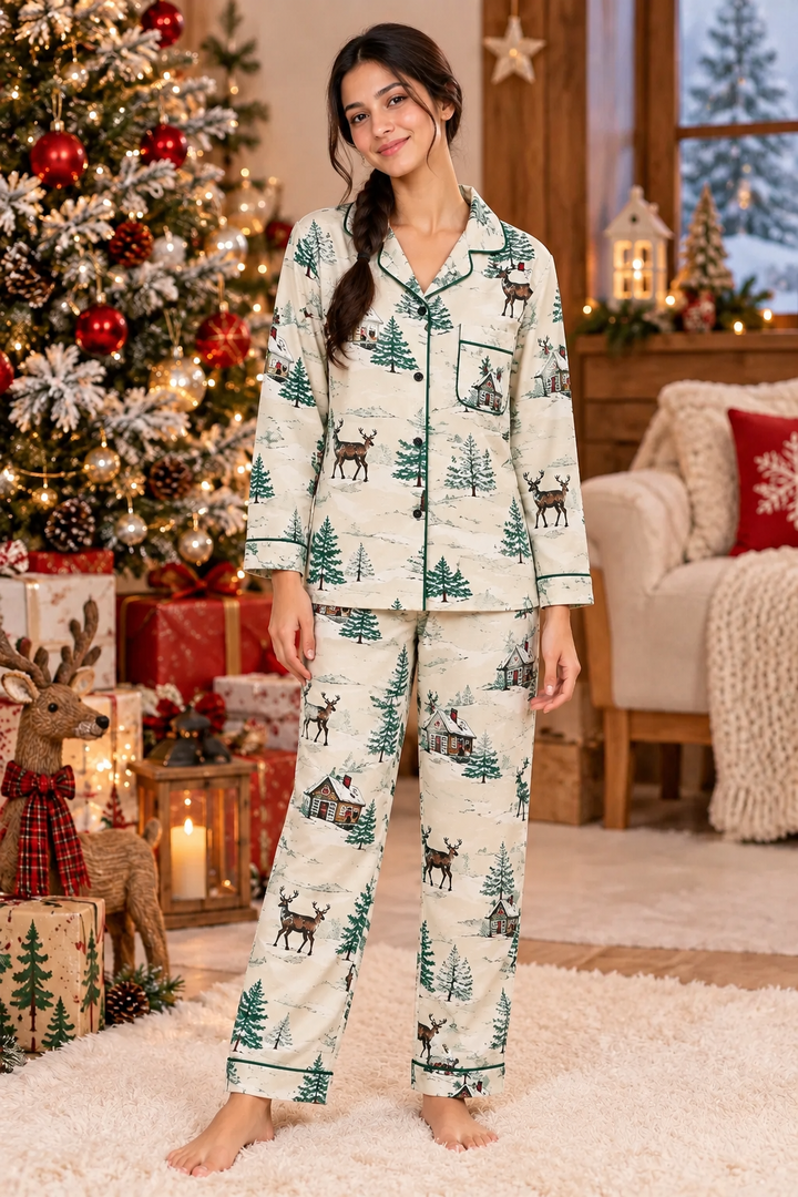 Christmas Evergreen  Cotton Flannel Long Sleeve Women's Night Suit
