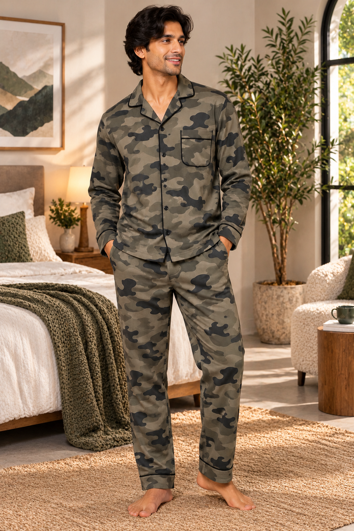 Olive Shadow Print  Cotton Flannel Long Sleeve Men's Night Suit
