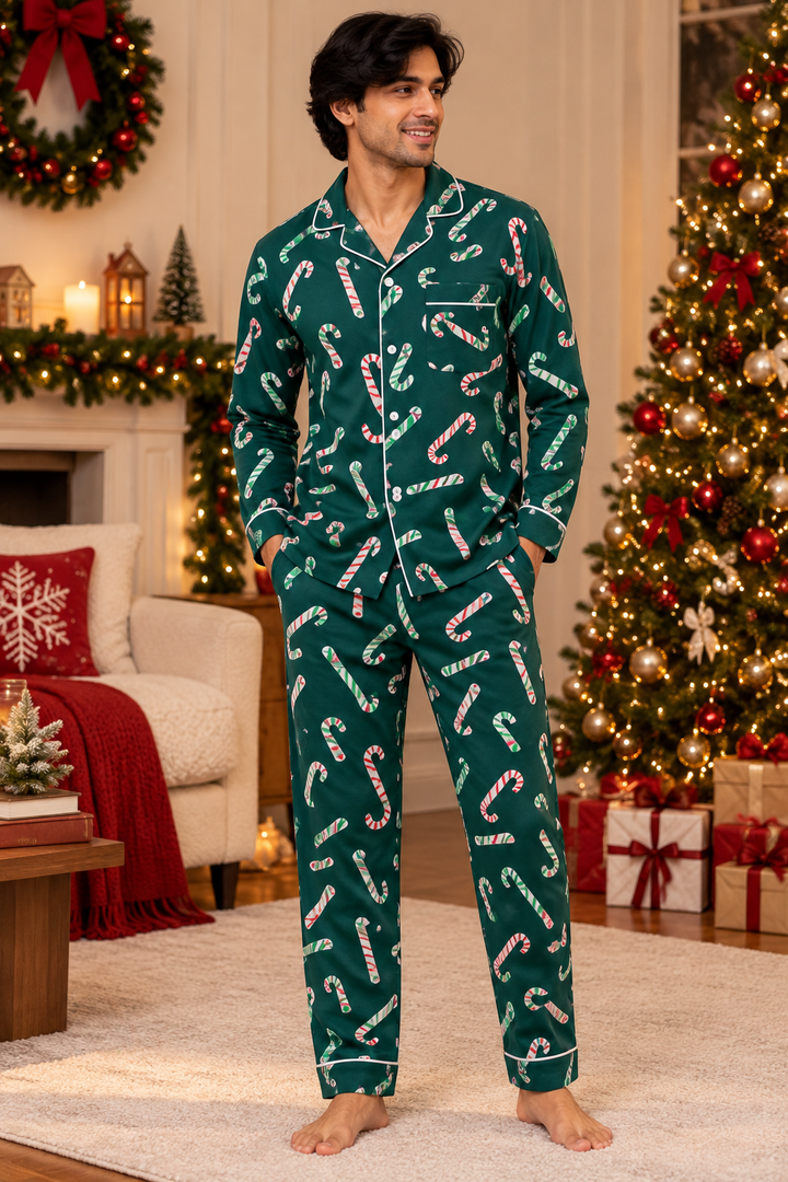 Evergreen Festive Print  Cotton Flannel Long Sleeve Men's Night Suit