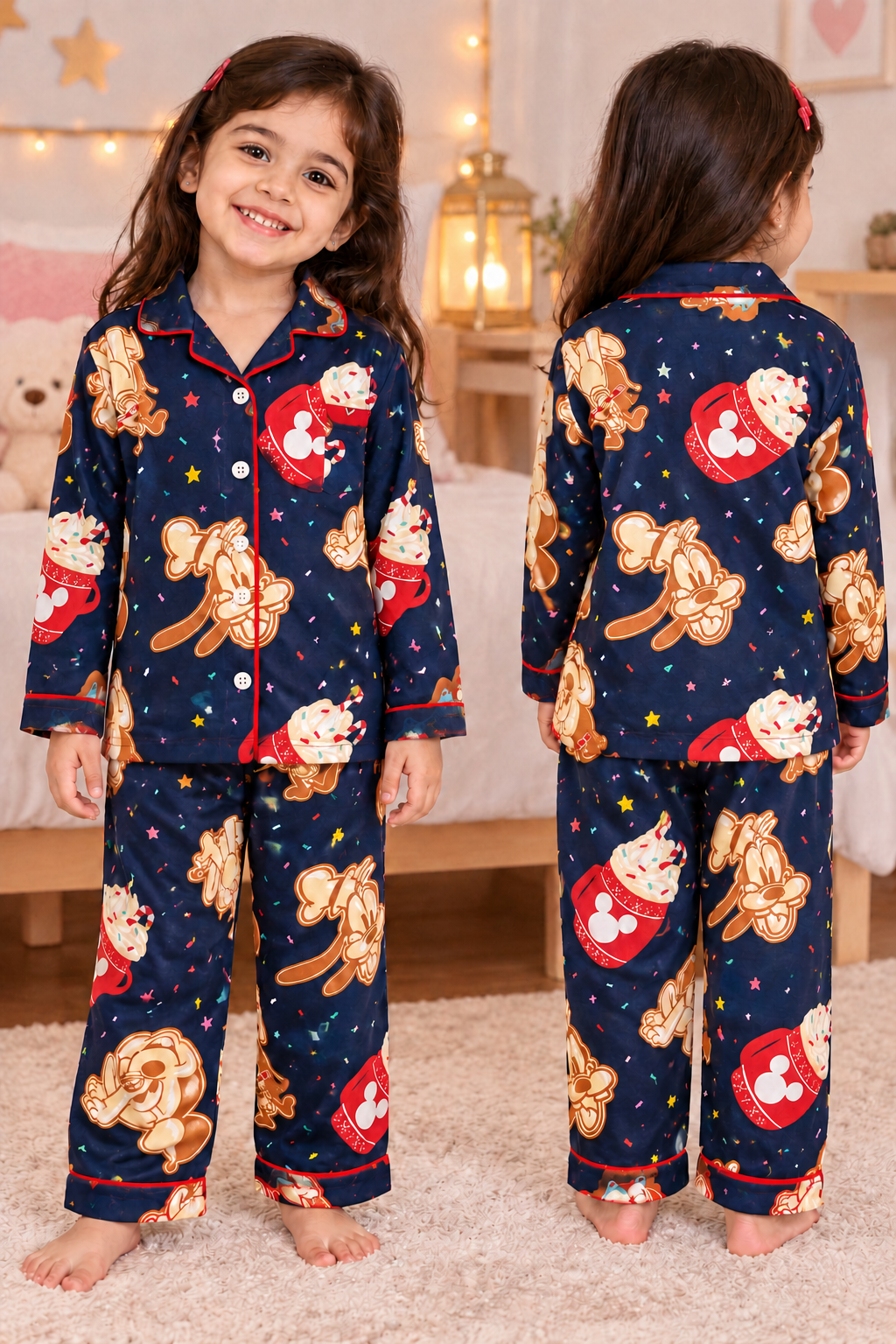 Mickey Magic Navy Blue Cotton Flannel Long Sleeve Kids Night Suit