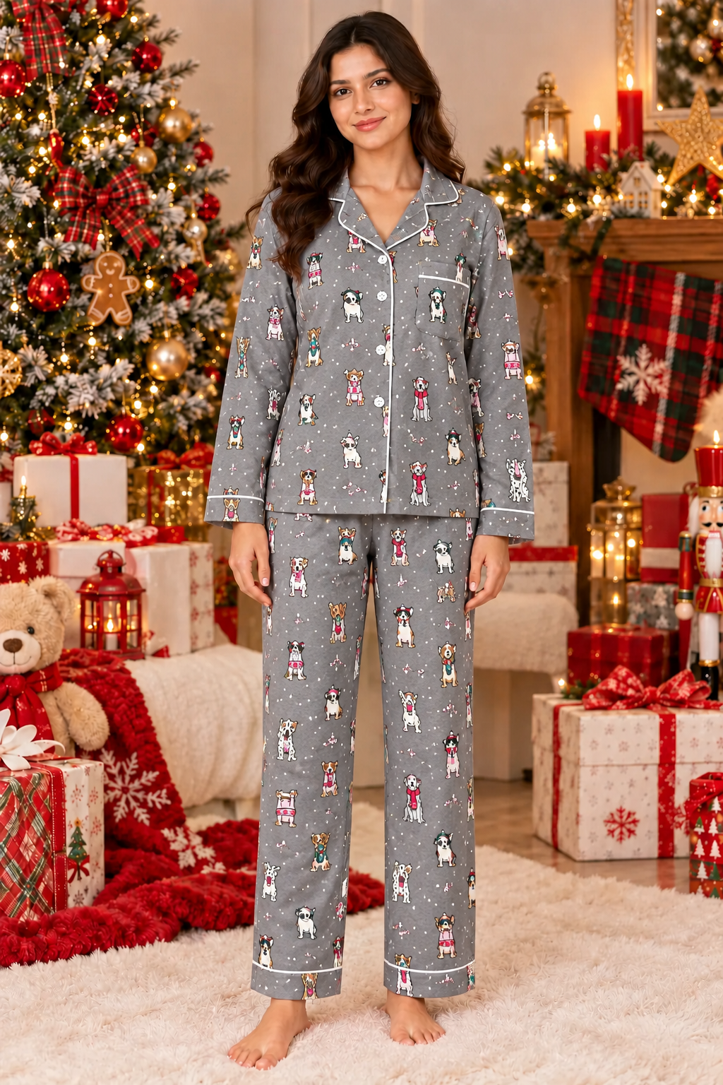 Festive Puppy Print cotton Flannel Long Sleeve Women's Night Suit