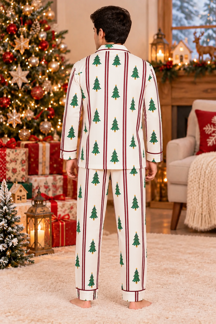 Christmas Tree Stripe Cotton Flannel Long Sleeve Men's Night Suit