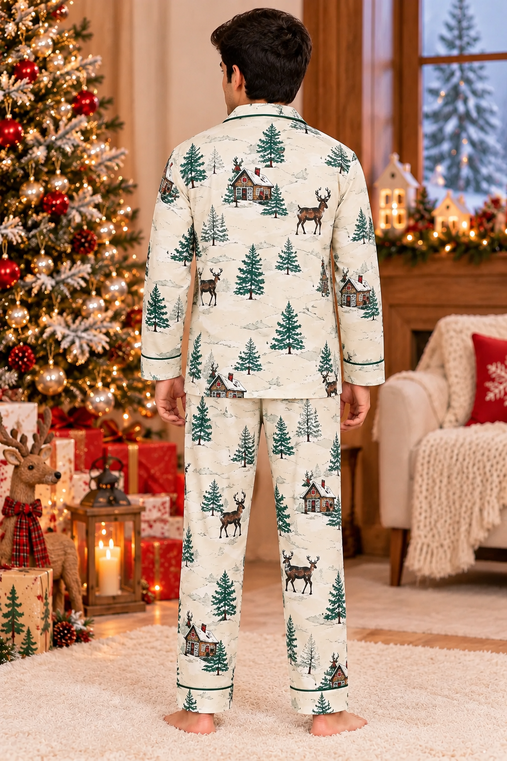 Christmas Evergreen Cotton Flannel Long Sleeve Men's Night Suit