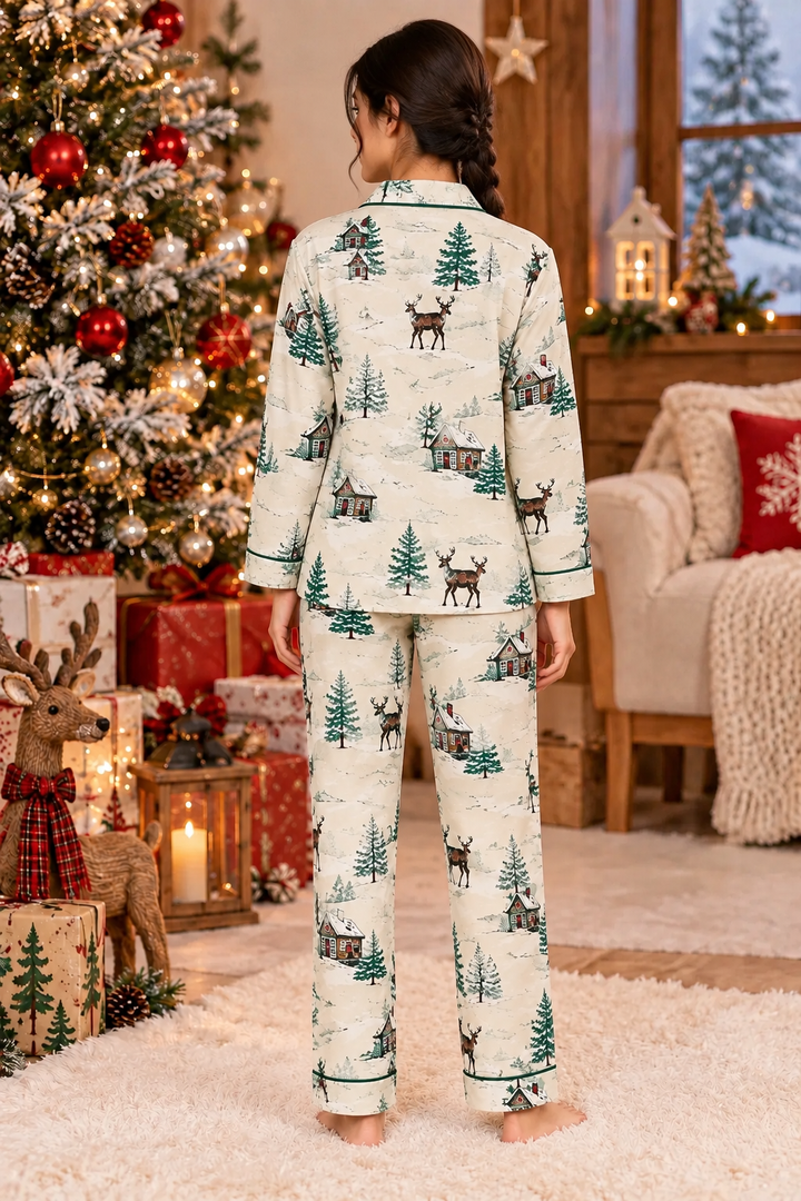 Christmas Evergreen  Cotton Flannel Long Sleeve Women's Night Suit