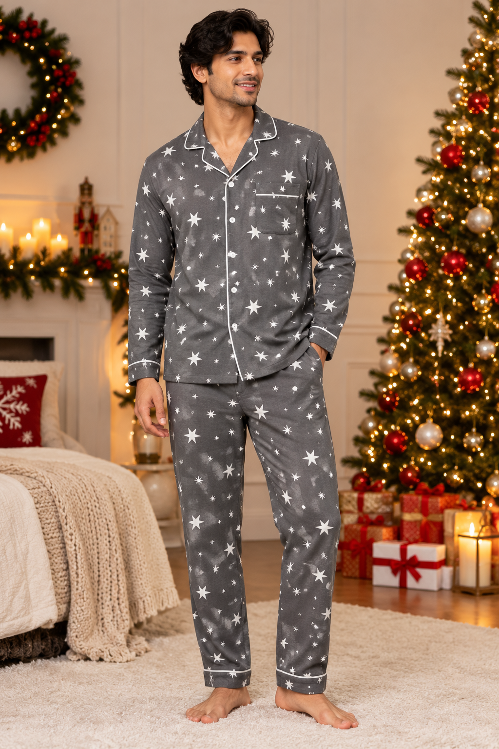 grey star-print Cotton Flannel Long Sleeve Men's Night Suit