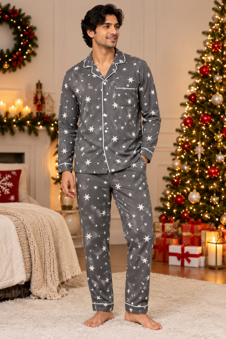 grey star-print Cotton Flannel Long Sleeve Men's Night Suit