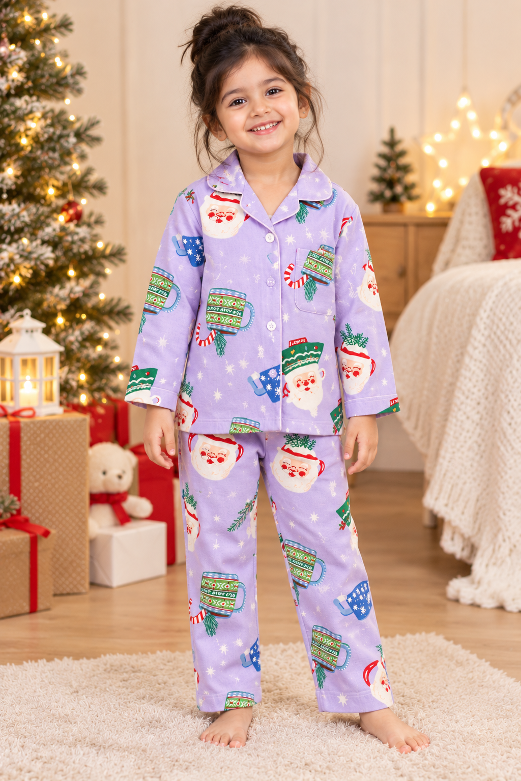 Lavender Christmas Cheer Cotton Flannel Long Sleeve Kid's Night Suit