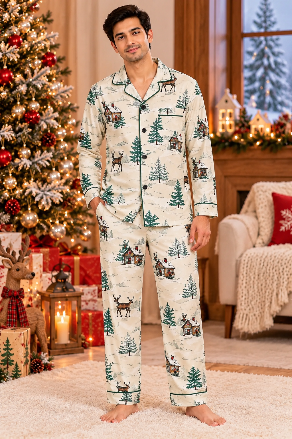 Christmas Evergreen Cotton Flannel Long Sleeve Men's Night Suit