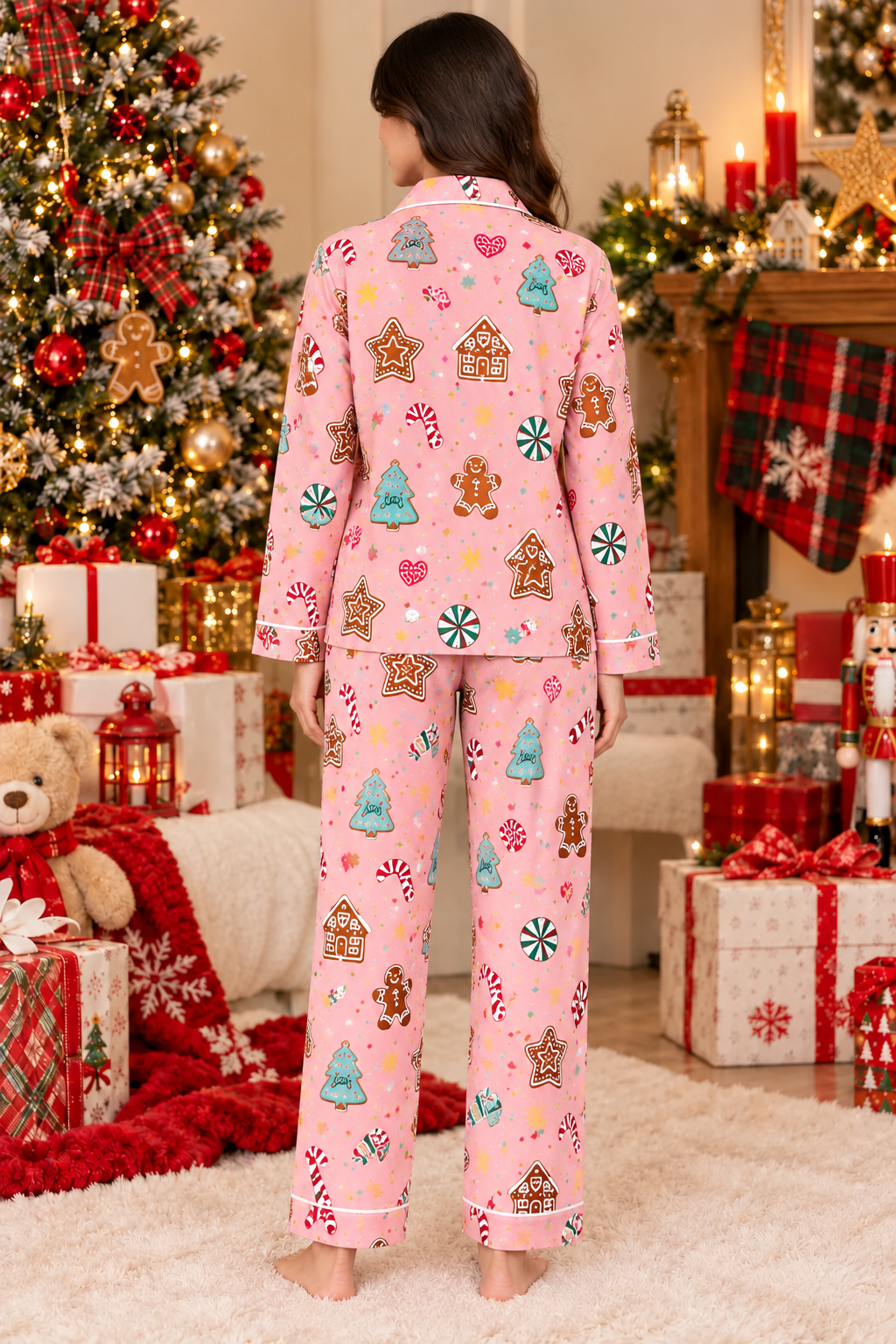 Christmas Gingerbread & Candy Cane Print cotton Flannel Long Sleeve Women's Night Suit