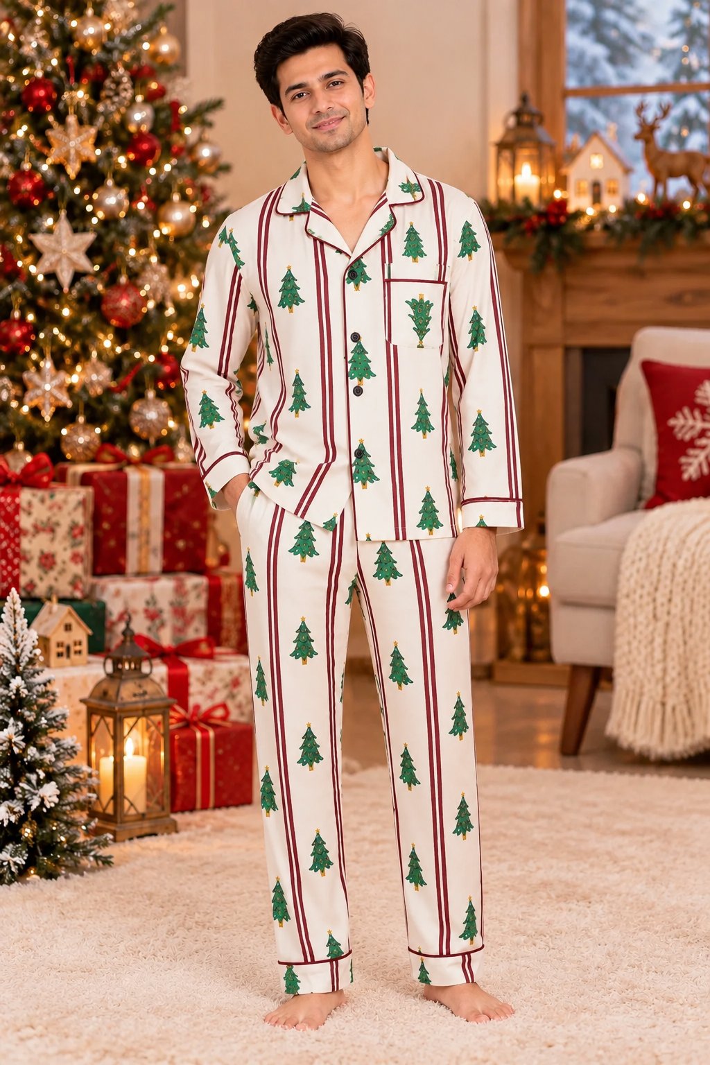 Christmas Tree Stripe Cotton Flannel Long Sleeve Men's Night Suit