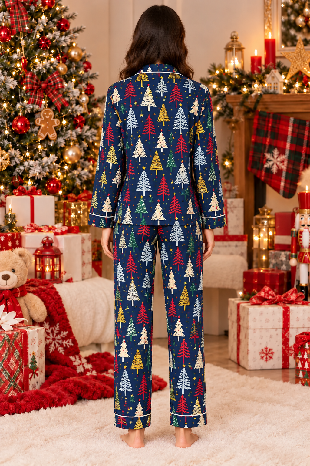 Festive Christmas Tree Print cotton Flannel Long Sleeve Women's Night Suit
