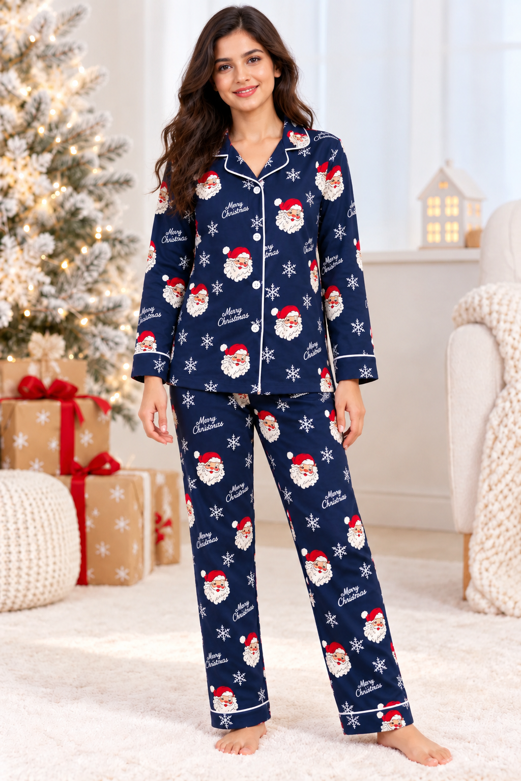Jolly Santa Dreams Cotton Flannel Long Sleeve Women's Night Suit