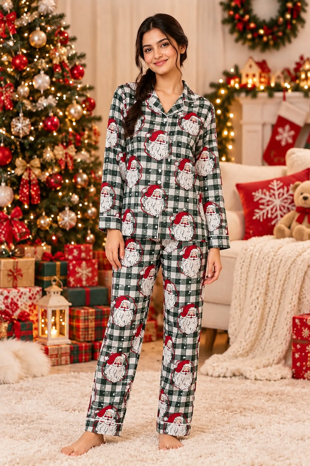 Christmas Santa Checks Cotton Flannel Long Sleeve Women's Night Suit