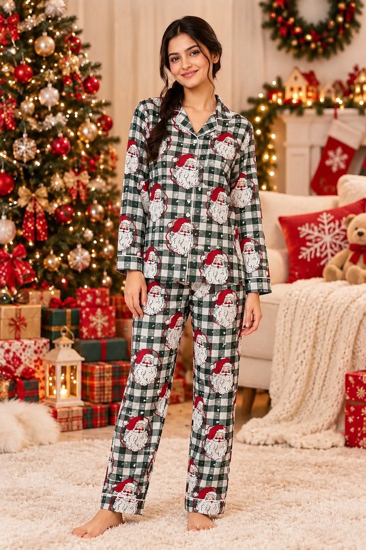 Christmas Santa Checks Cotton Flannel Long Sleeve Women's Night Suit