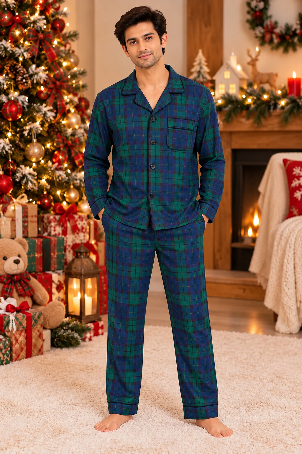 Festive Evergreen Plaid Cotton Flannel Long Sleeve Men's Night Suit