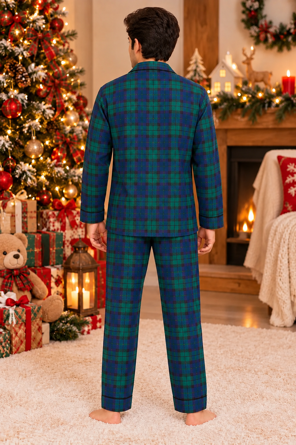Festive Evergreen Plaid Cotton Flannel Long Sleeve Men's Night Suit