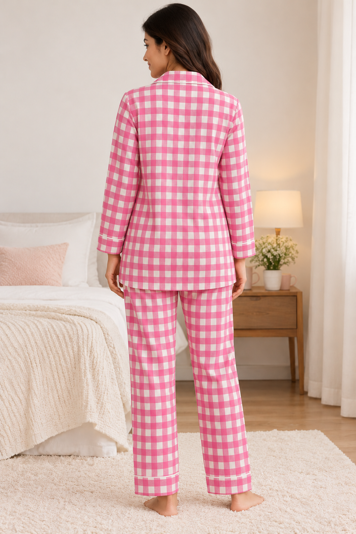 Pink & White Checked Cotton Flannel Long Sleeve Women's Night Suit