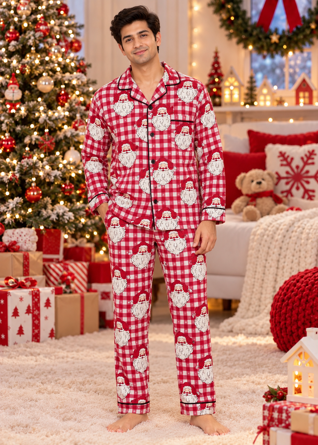 Merry Santa Gingham Cotton Flannel Long Sleeve Men's Night Suit